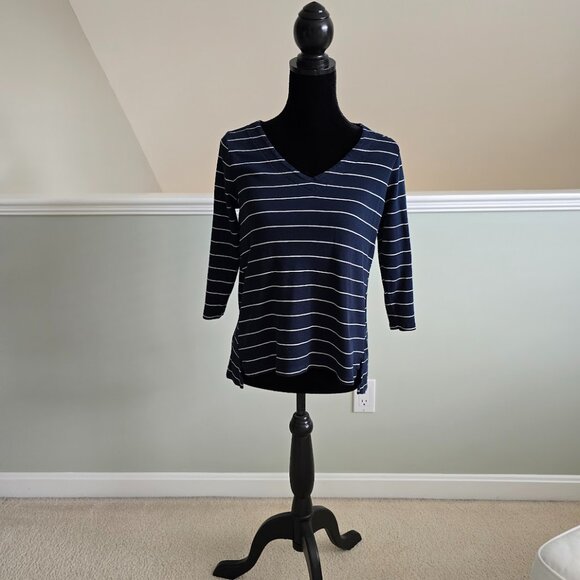 J. Jill Women's Petite Small Navy Blue Striped 3/4 Sleeve Pima V-Neck Shirt Top - Picture 2 of 3